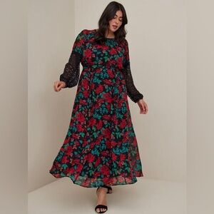 TORRID Black Floral Chiffon Peasant Dress with Lace Sleeves